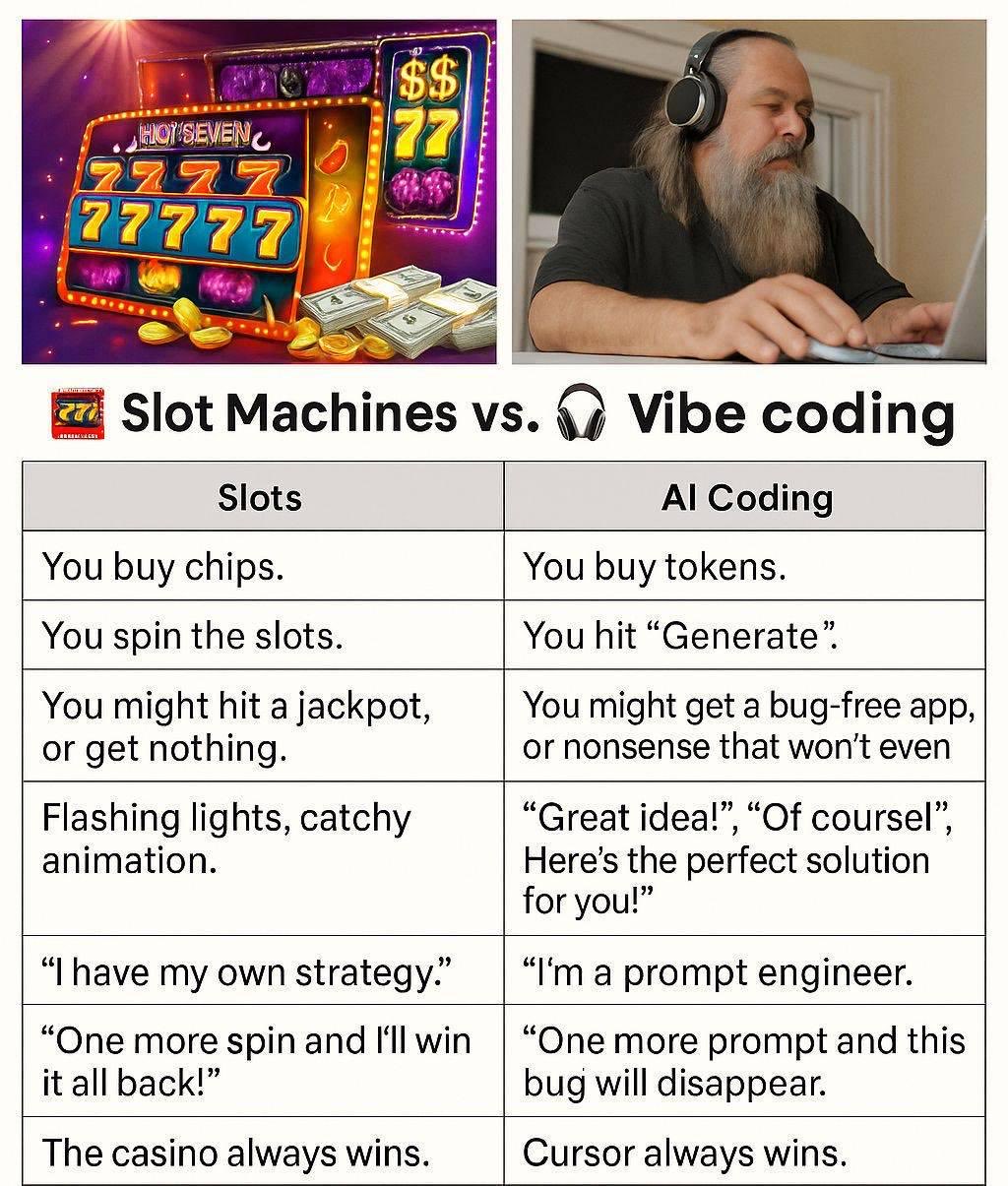 Slot Machines vs. Vibe coding — a side-by-side table: you buy chips / you buy tokens, you spin the slots / you hit "Generate", you might hit a jackpot or get nothing / you might get a bug-free app or nonsense, the casino always wins / Cursor always wins